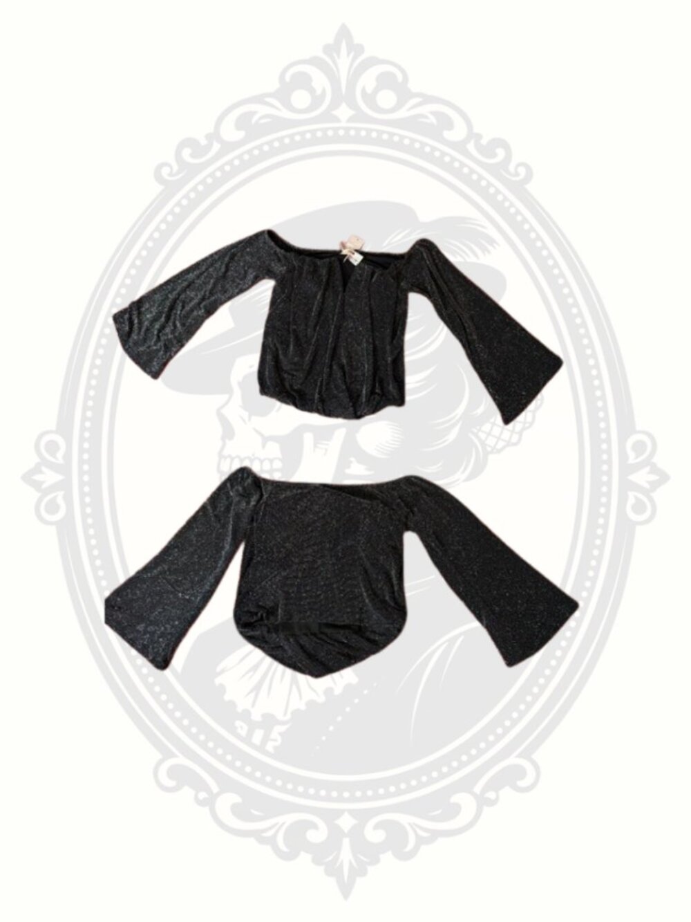 NWT Willow + Root Black Shimmer Off Shoulder Bell Sleeve Top Size L